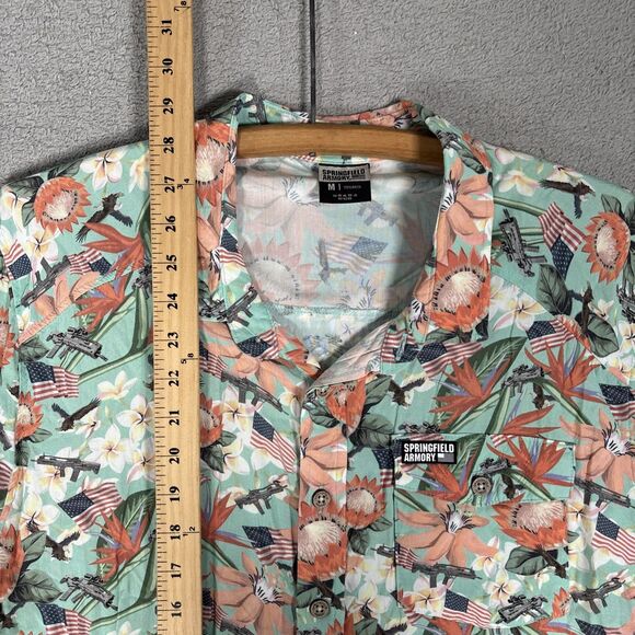 Springfield Armory Hawaiian Shirt Mens Size M Teal Gun American Flag AOP Bullpup - Picture 8 of 16